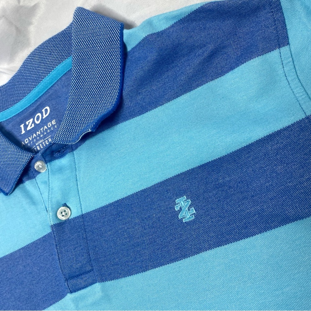 IZOD Men’s Advantage Performance Short Sleeve Polo Coastal Blue Stripes XL EUC